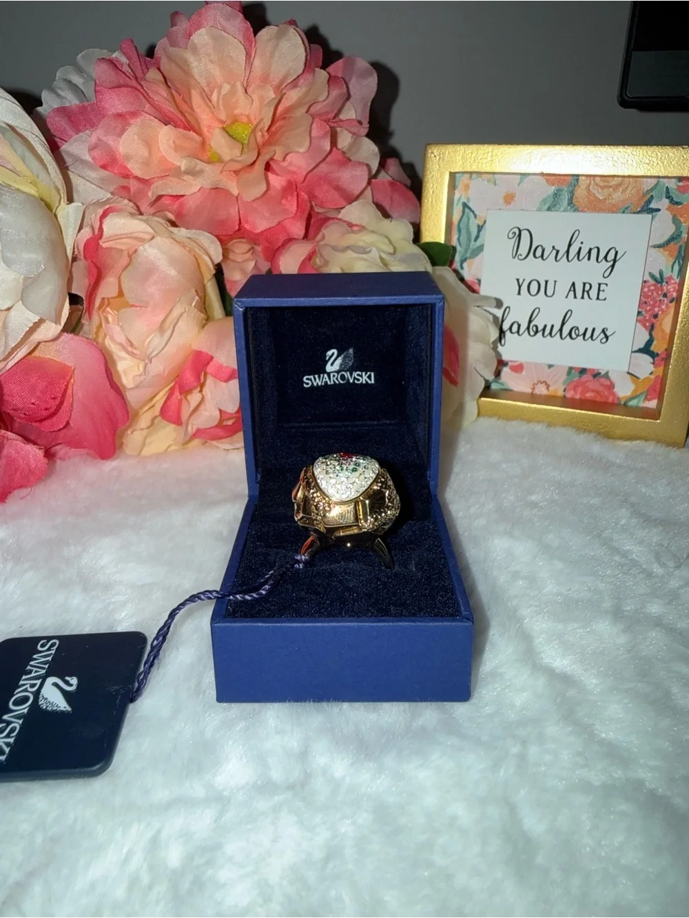 Swarovski Gold Tone Crystal Floral Statement Ring Size 58 EU Glam Cocktail Ring